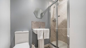 A modern bathroom with a toilet, sink, and glass shower enclosure.