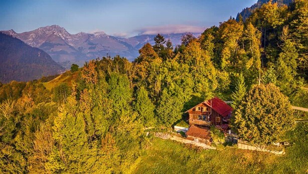 A cabin in a forested mountainous area with a clear view of distant mountains. - Alps Chalet for Big Group With Sauna Yoga Terrace (Rossiniere)