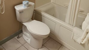 Une salle de bain équipée de toilettes, d’une baignoire et d’un rideau de douche.