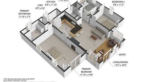 Planta baixa em 3D de um imóvel residencial localizado na 17281 Brothers Bay Road, Alpena, MI, 49707, com uma área total de 98 metros quadrados. Inclui uma suíte principal (3,6 x 5,9 metros), uma sala de estar/jantar (4,7 x 5,5 metros), uma cozinha (2,9 x 3,6 metros), um banheiro (2,4 x 1,9 metros), um banheiro da suíte (3,6 x 2,3 metros), um quarto (2,9 x 3,4 metros) e um terceiro quarto (2,7 x 2,9 metros).
