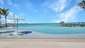 A pool area with lounge chairs and umbrellas, a wooden pier extending into the water, and a clear blue sky.