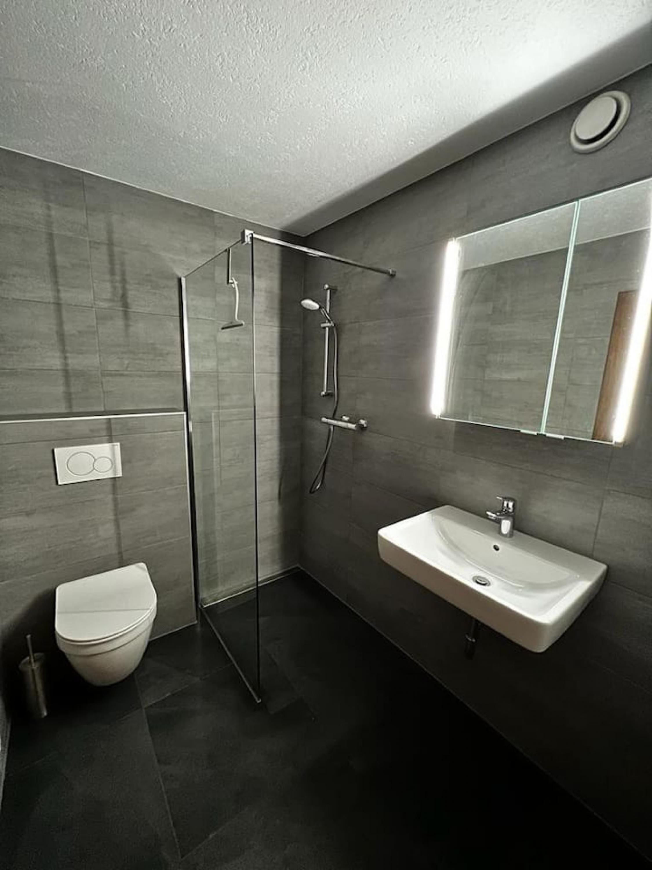 Ein modernes Badezimmer mit einer Duschkabine, einem weißen Waschbecken und einer Toilette.
