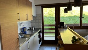 A modern kitchen with wooden cabinets, a stainless steel sink, and a large window overlooking a garden. - 6 Person ski in out Apartment Great Views Garage (Riddes)