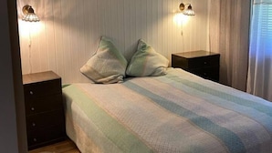 Een slaapkamer met een bed, twee nachtkastjes, een zacht tapijt en een plafondlamp.