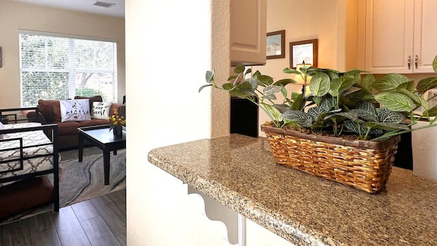 Una cocina con encimera de granito, una cesta de mimbre con plantas y armarios blancos.