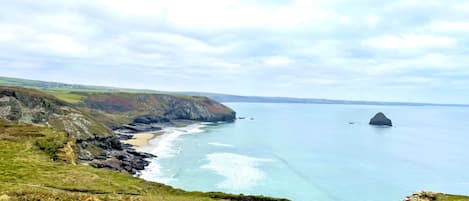 A coastal landscape with grassy cliffs, a sandy beach, and a large rock formation in the sea.
