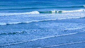 Une vue sur la côte, avec des vagues et des surfeurs.
