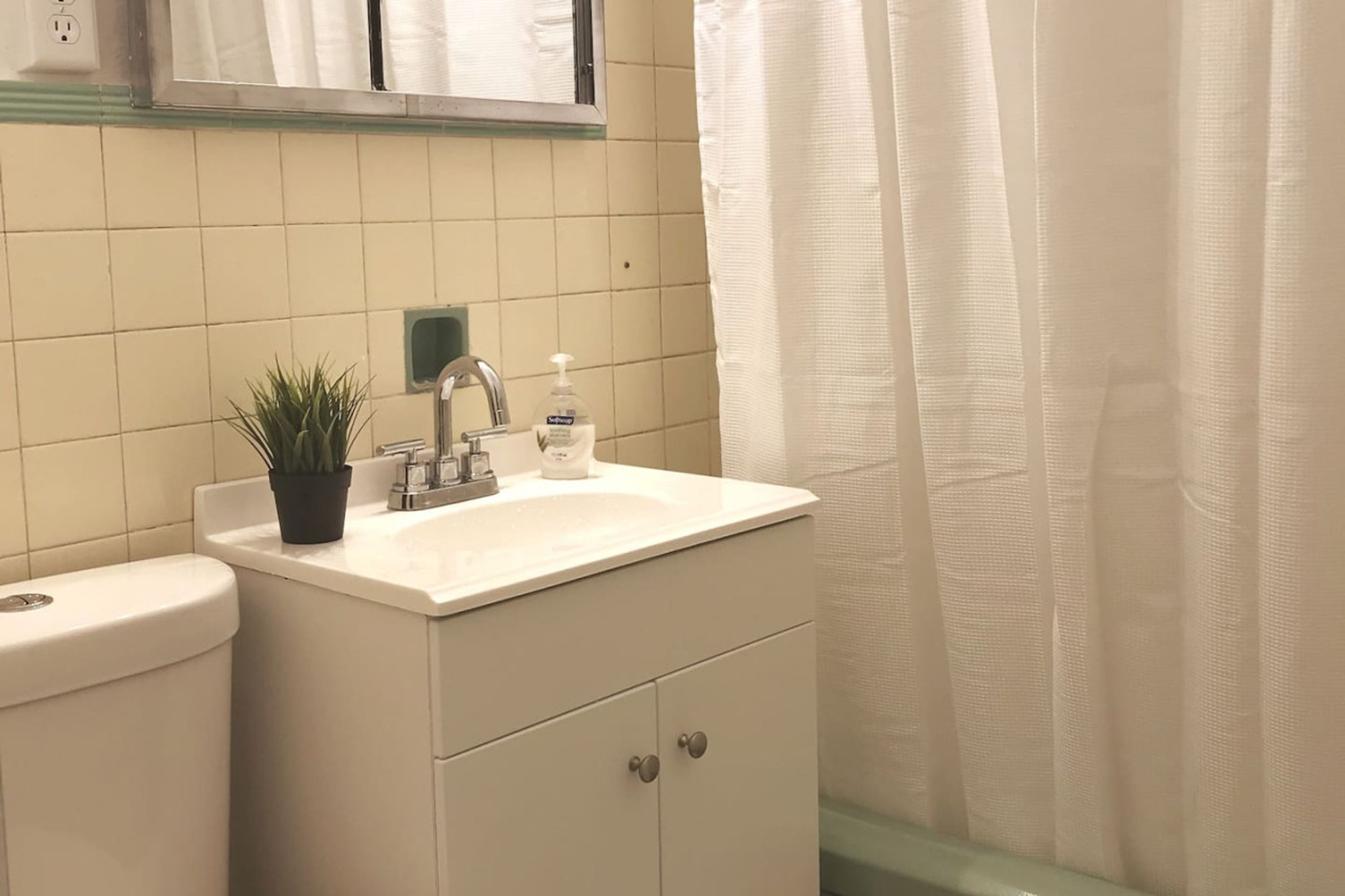 Un bany amb un lavabo blanc, un mirall a sobre, una planta en test i una cortina de bany.