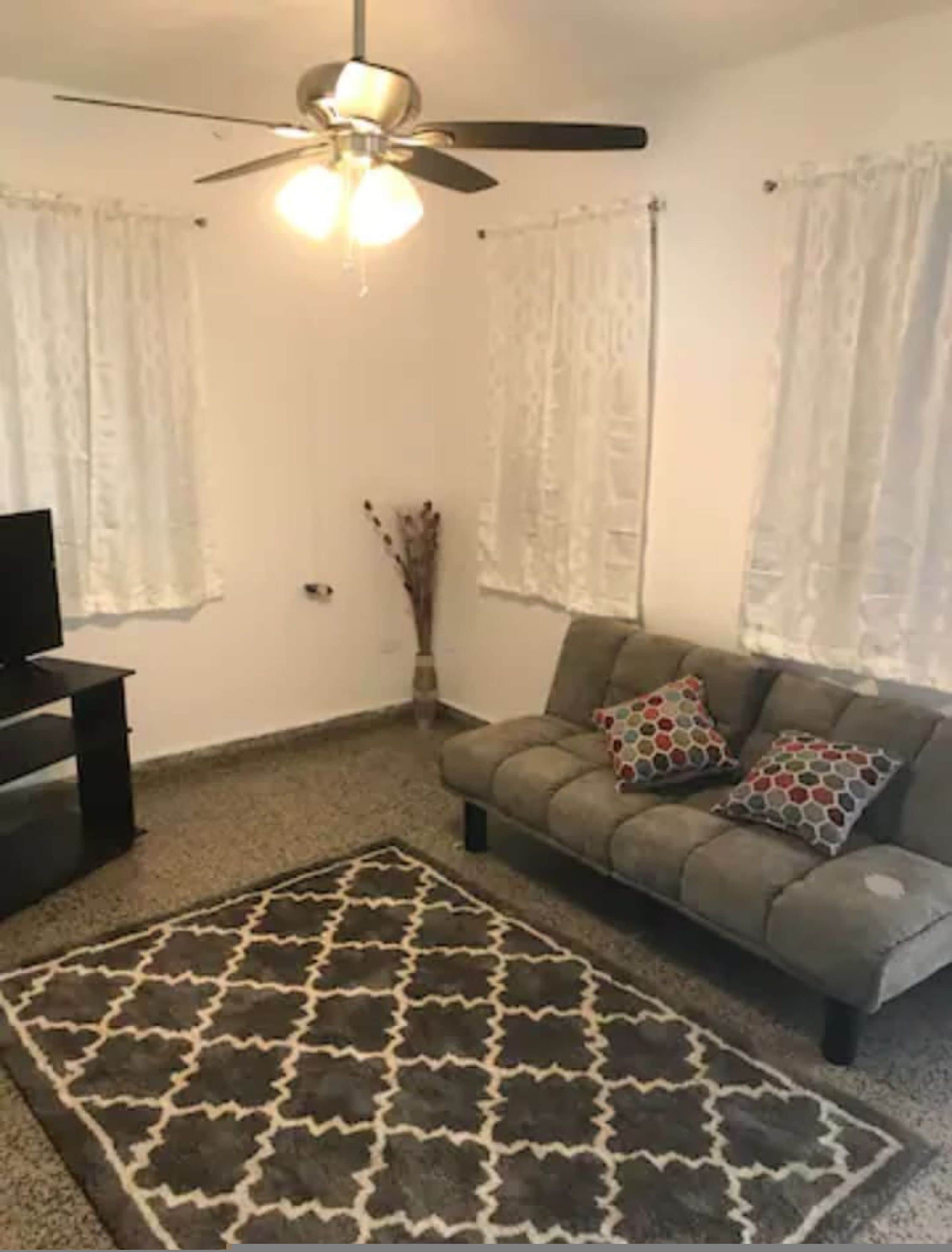 A living room with a grey sofa, patterned rug, ceiling fan, and white curtains.