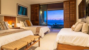 A hotel room with two beds, a bench, a painting, and a large window with a view of the ocean at dusk. - Condo Haramara in Punta Mita (Punta de Mita)