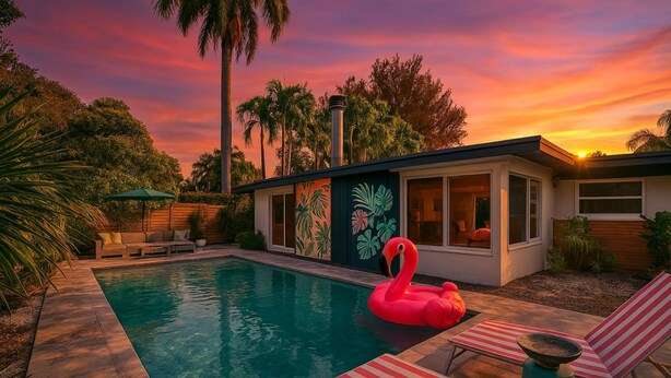A modern house with a swimming pool, a flamingo float, and a patio with lounge chairs. - Castaways Casita Saltwater Pool Dog Friendly (Fort Lauderdale)