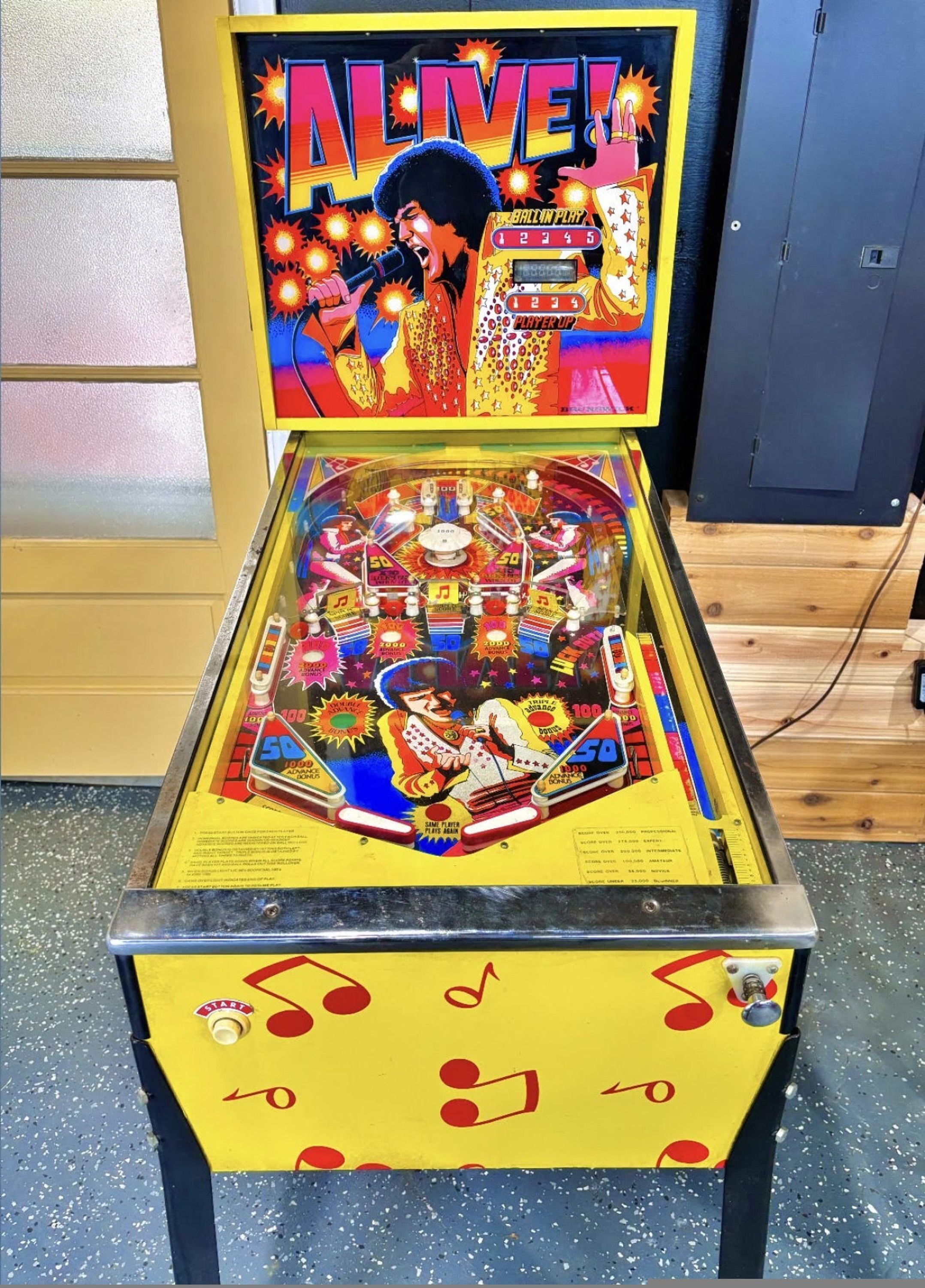 A pinball machine with a vibrant design, featuring a central character and multiple gameplay elements.