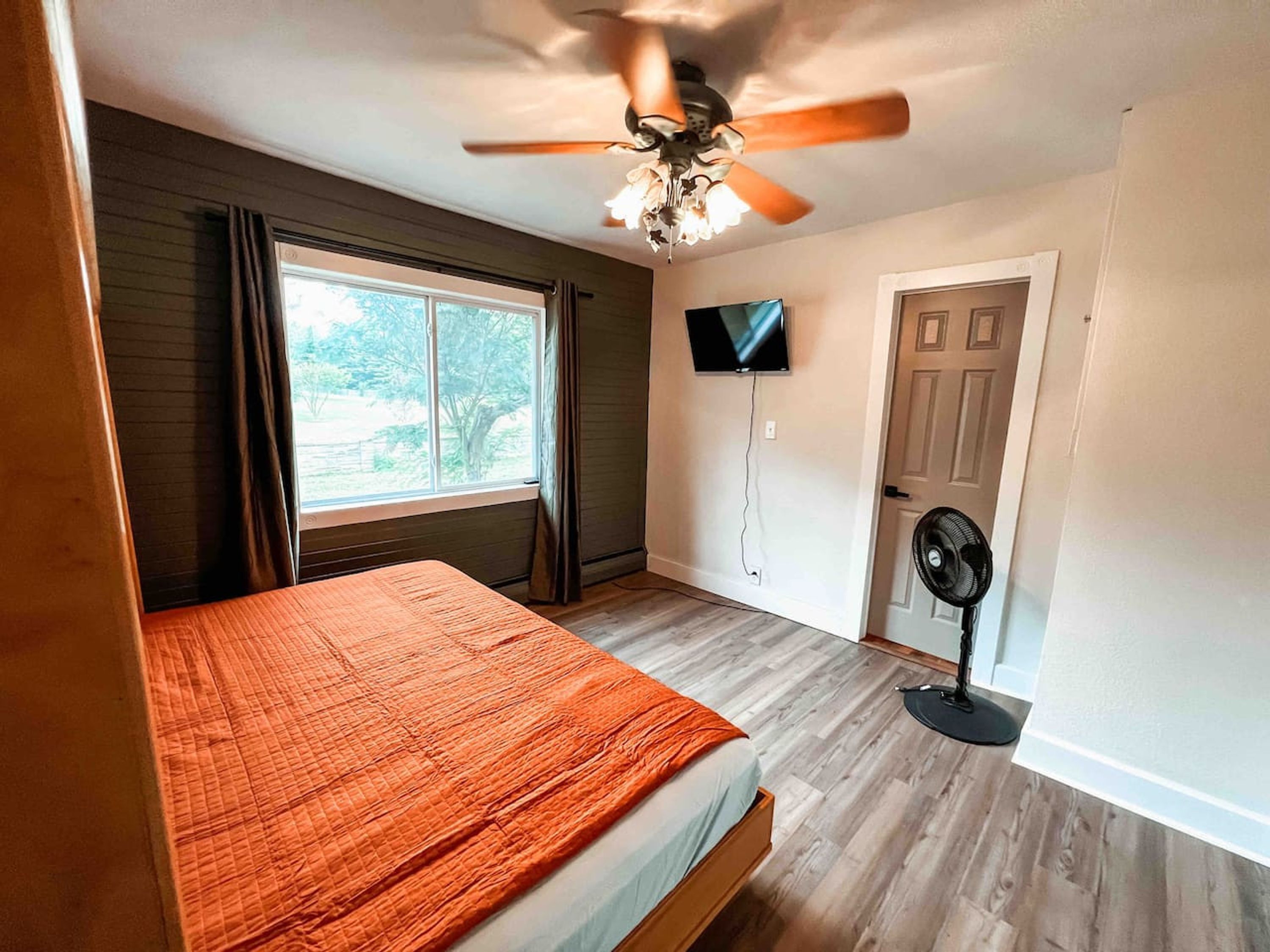 A bedroom with a bed, a ceiling fan, a TV, and a door.