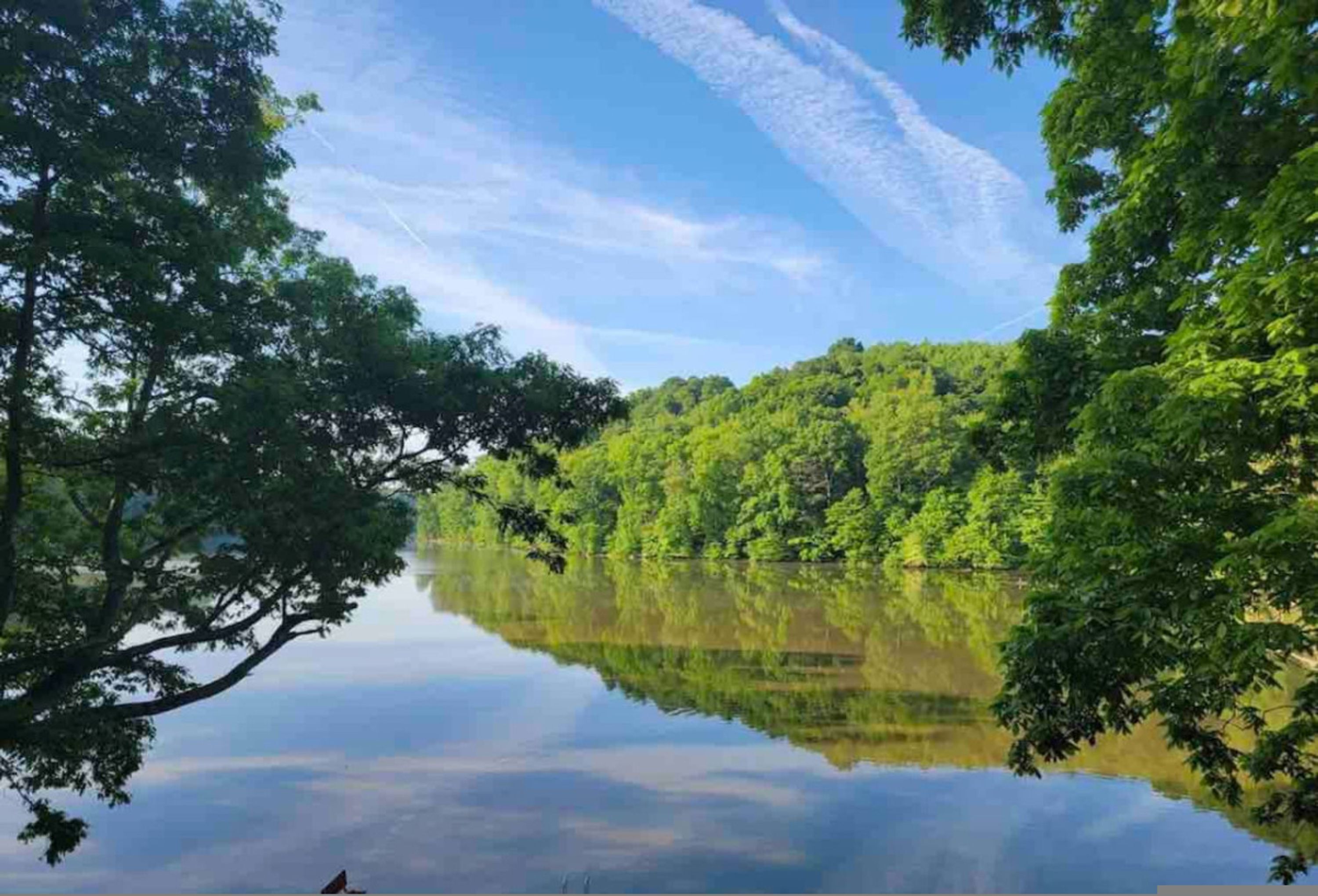 A serene lake surrounded by lush green trees with a clear reflection of the sky and clouds.