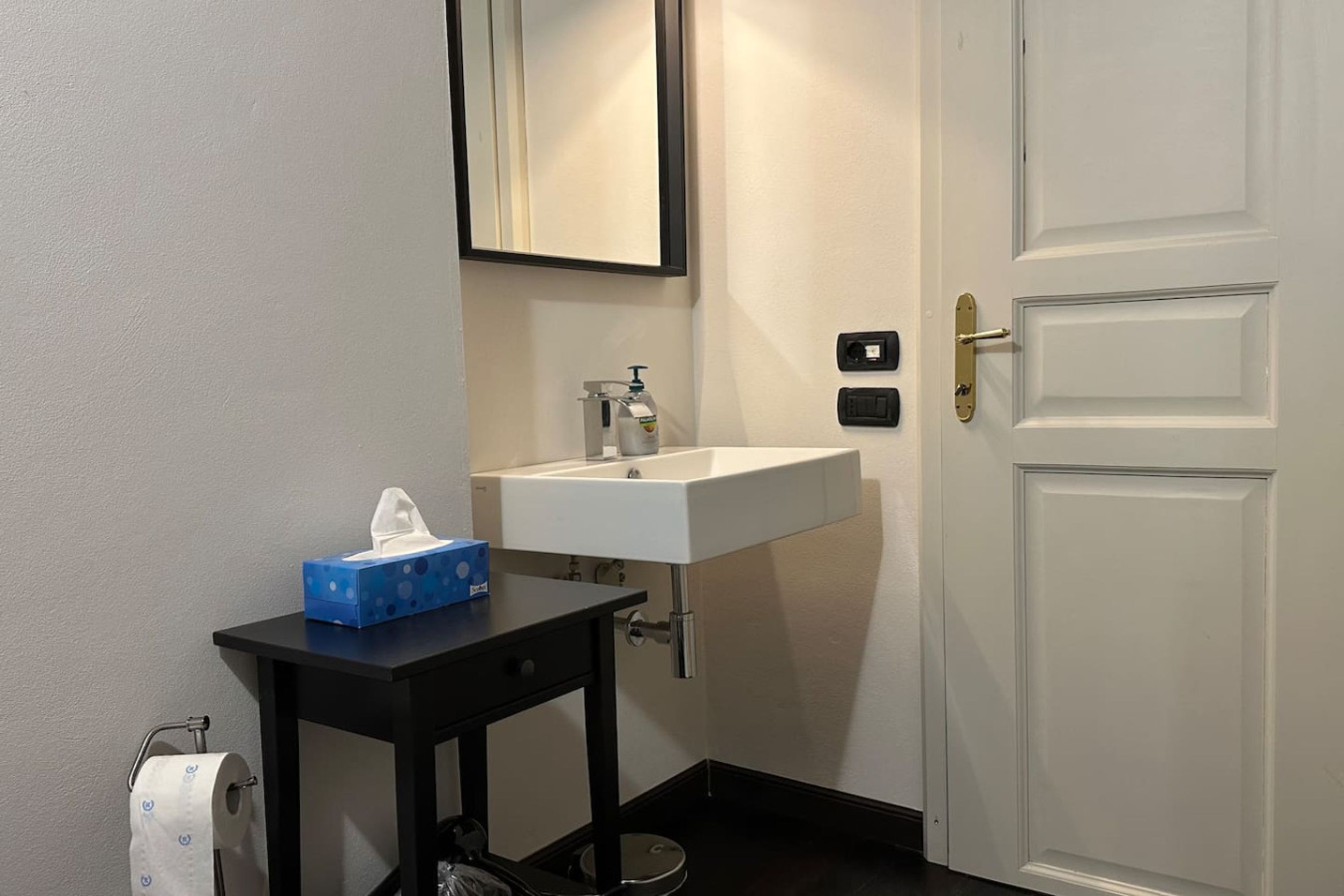 Et badeværelse med en hvid vask, et spejl, et sort bord med en servietkasse og en toiletpapirholder.
