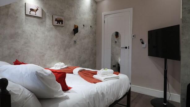 Habitación de hotel con cama, televisor, espejo y obras de arte en la pared.