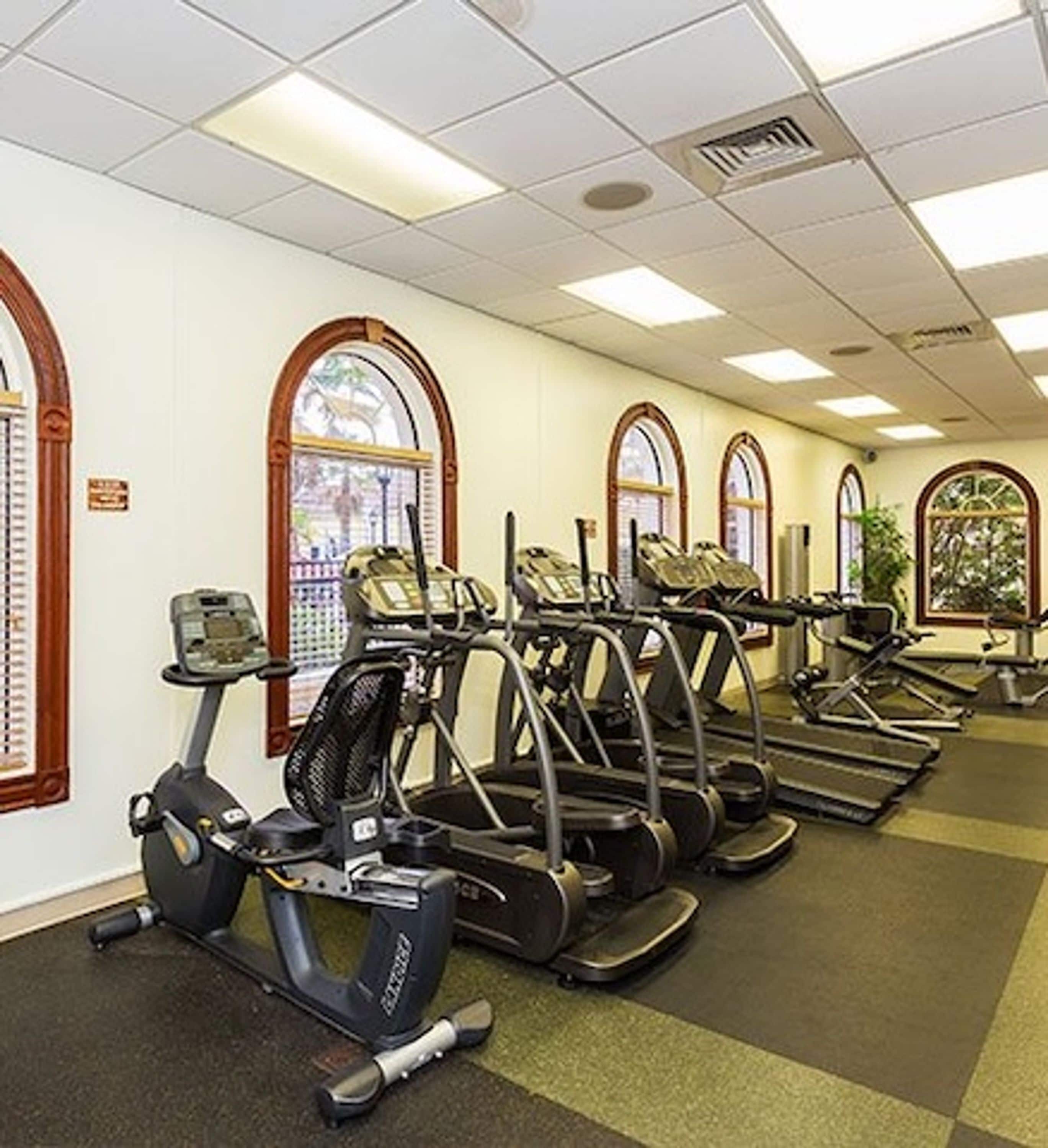 Un gimnasio con varias cintas de correr y bicicletas estáticas, ventanas amplias con arcos y un mostrador de recepción.