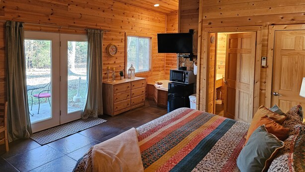 Habitación tipo cabaña de madera, con cama, escritorio con computadora, televisión y puerta que da al exterior.