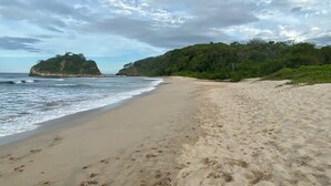 Uma praia com areia, um pequeno afloramento rochoso e vegetação densa.