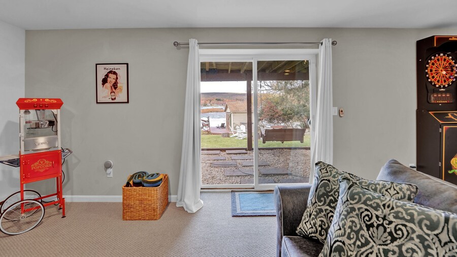 Lakefront A-frame Dock Kayaks Fire Place