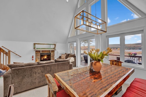 Lakefront A-frame Dock Kayaks Fire Place