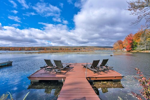 Lakefront A-frame Dock Kayaks Fire Place