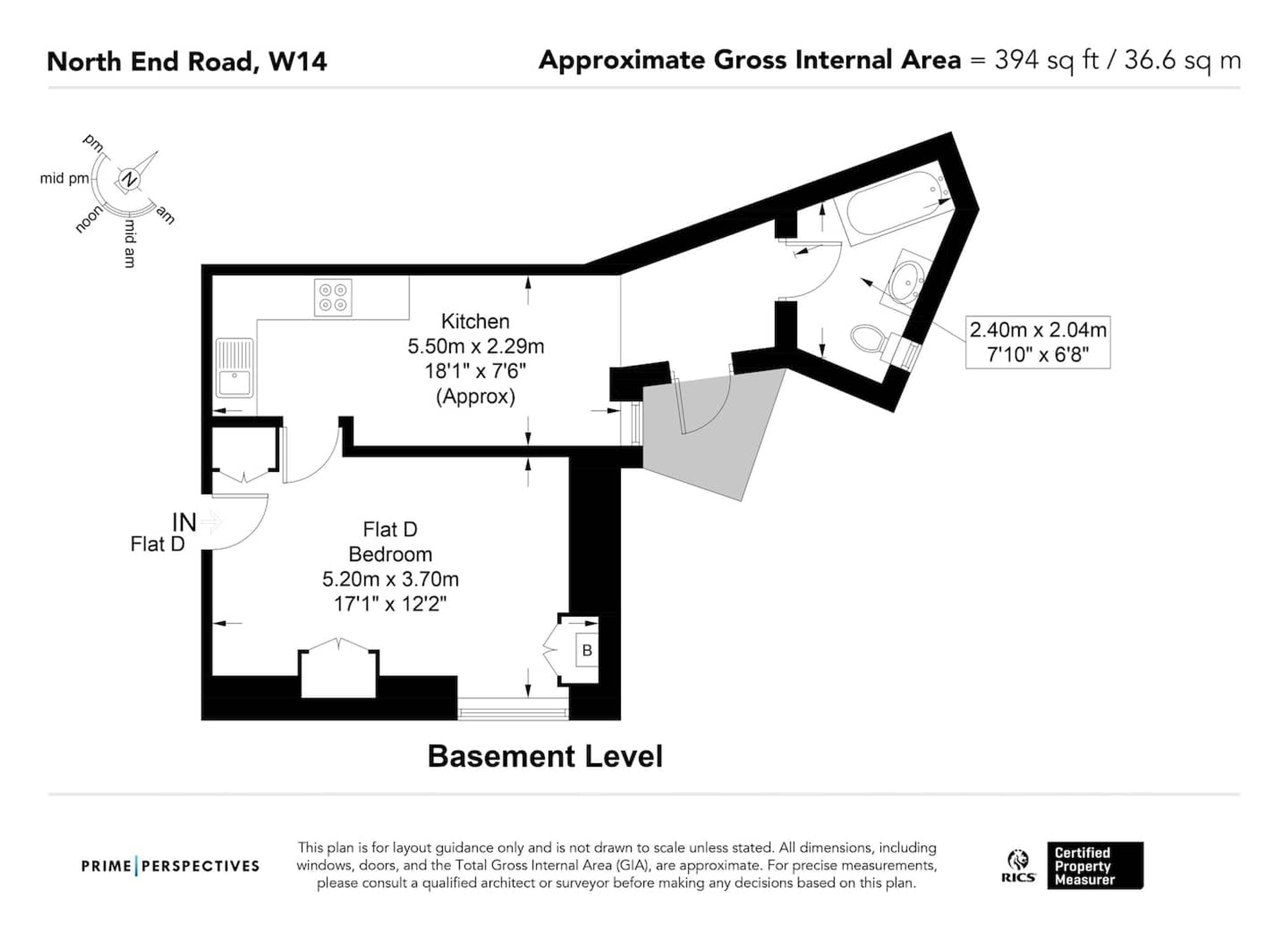 A floor plan of a property at North End Road, W14, with a kitchen measuring 5.50m x 2.29m, a flat bedroom of 5.20m x 3.70m, and a bathroom of 2.40m x 2.04m.