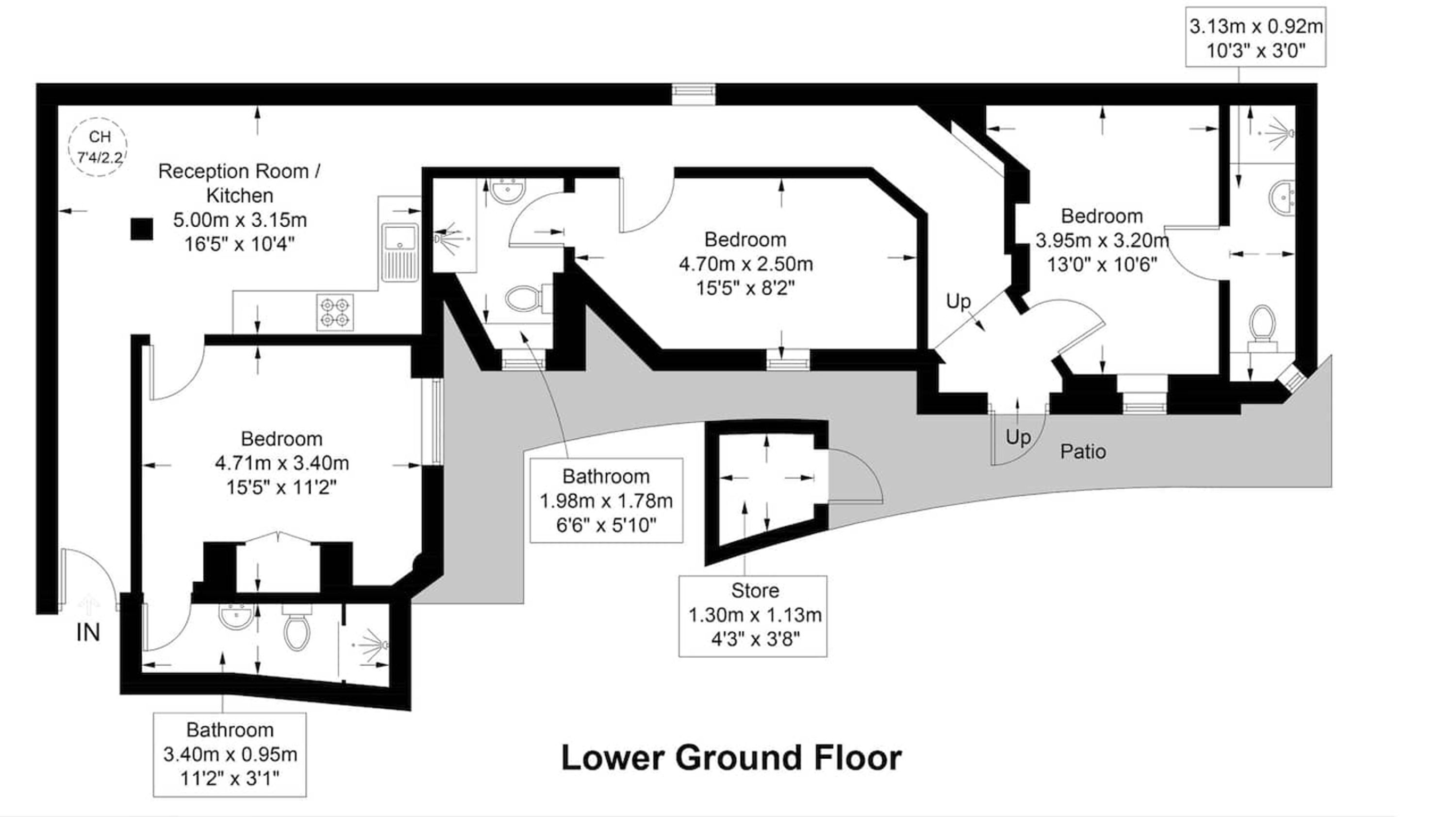 A floor plan of a hotel with a reception room/kitchen, two bedrooms, a bathroom, a store, and a patio.