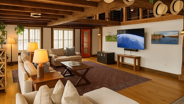 A spacious living room with a large sofa, a coffee table, and a television. There are multiple hats hanging on the ceiling and a plant on the wall. - Magical Post and Beam Loft Downtown Newport (Newport)