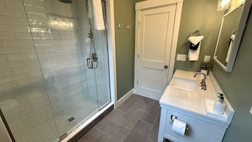 Une salle de bain avec une douche à parois de verre, un meuble-lavabo blanc et une porte.