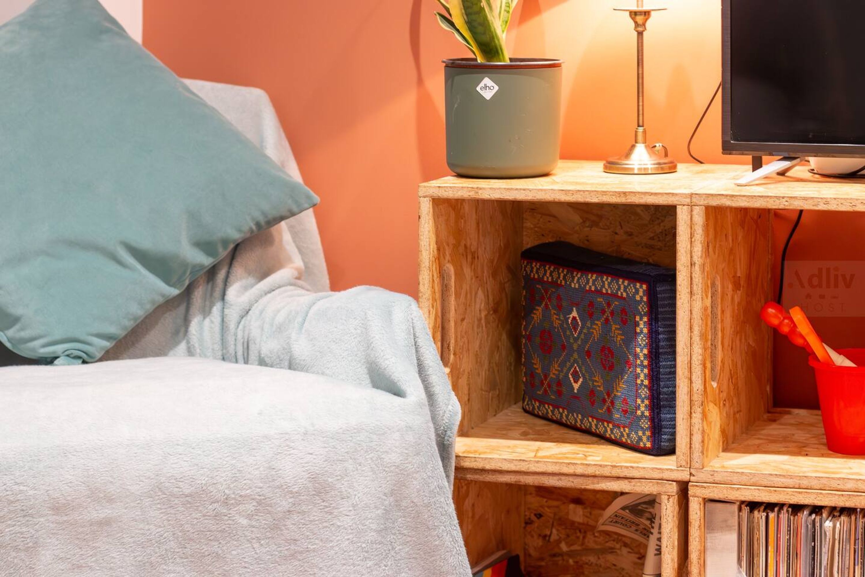 A wooden bedside table with a potted plant, a lamp, and a television.