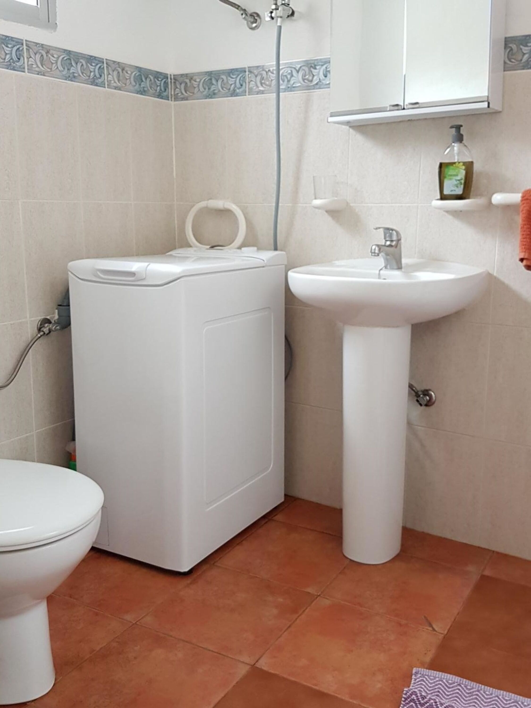 Une salle de bain avec des toilettes, un lavabo et une douche.