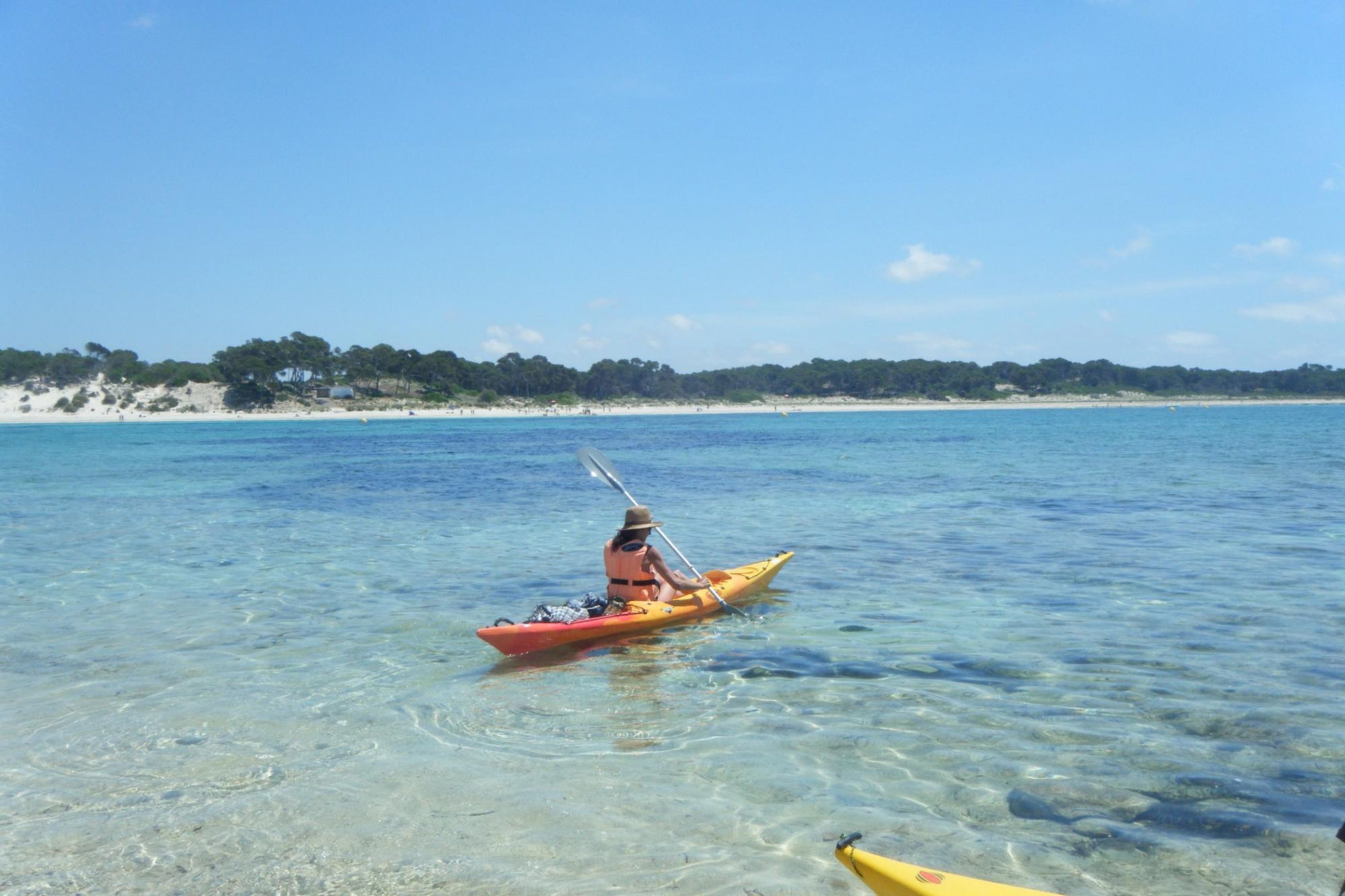 Eine Person paddelt mit einem Kajak auf klarem, blauem Wasser, im Hintergrund ein Strand und Bäume.