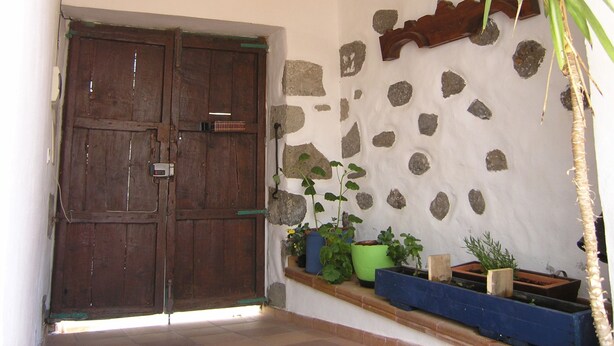 Une entrée rustique avec une porte en bois, un mur en pierre et des plantes en pot.