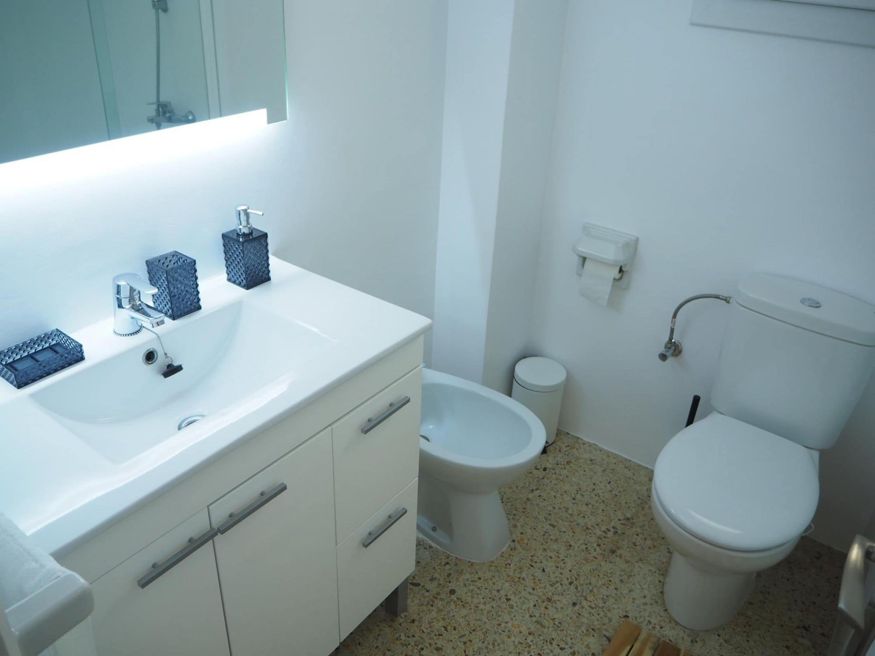 Une salle de bain avec un lavabo blanc, des toilettes et un bidet.