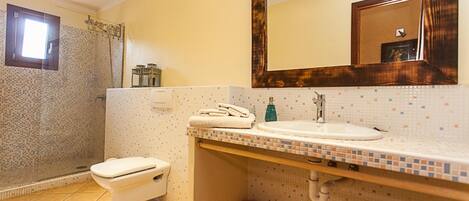 A bathroom with a toilet, sink, mirror, shower, and tiled walls.