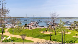 A marina with boats, a grassy area, and a clear sky.