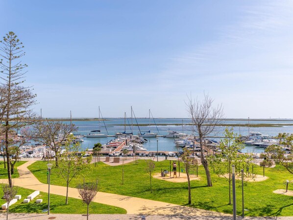 A marina with boats, a grassy area, and a clear sky.