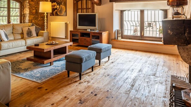 Un salon rustique avec un mur en pierre, des poutres en bois, un canapé, une table basse, un téléviseur et une cheminée.