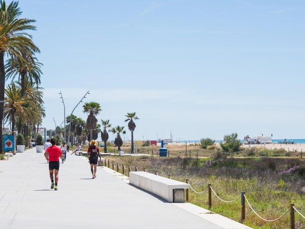 Un camino costero con palmeras, una playa y cielo despejado.