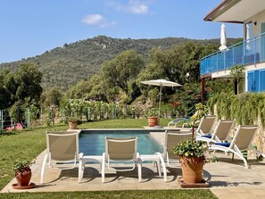 Ein Poolbereich mit Liegestühlen und Blumentöpfen, umgeben von einem Garten und Blick auf einen Berg.