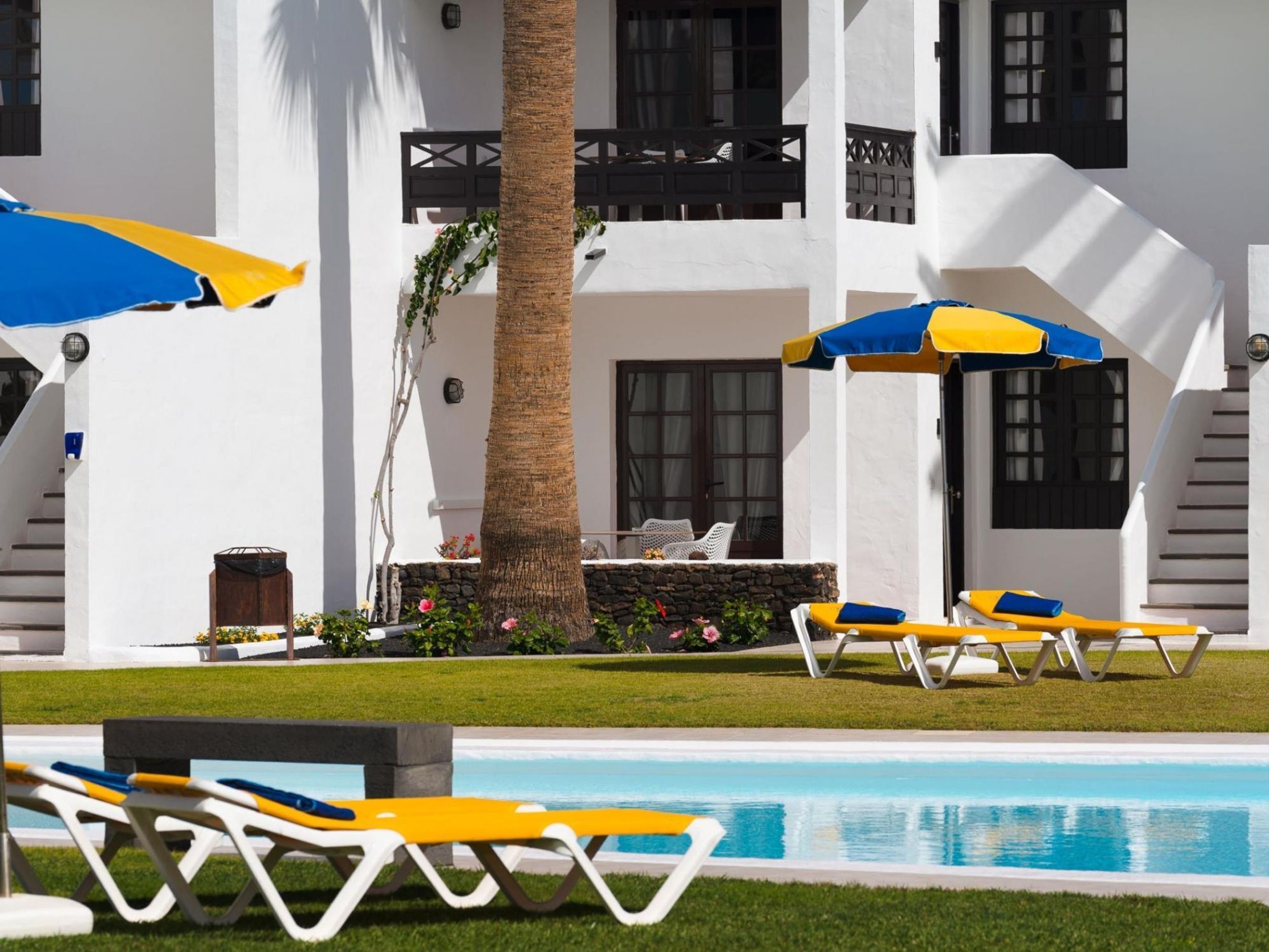 A pool area with lounge chairs and umbrellas, a palm tree, and a building with balconies and windows.