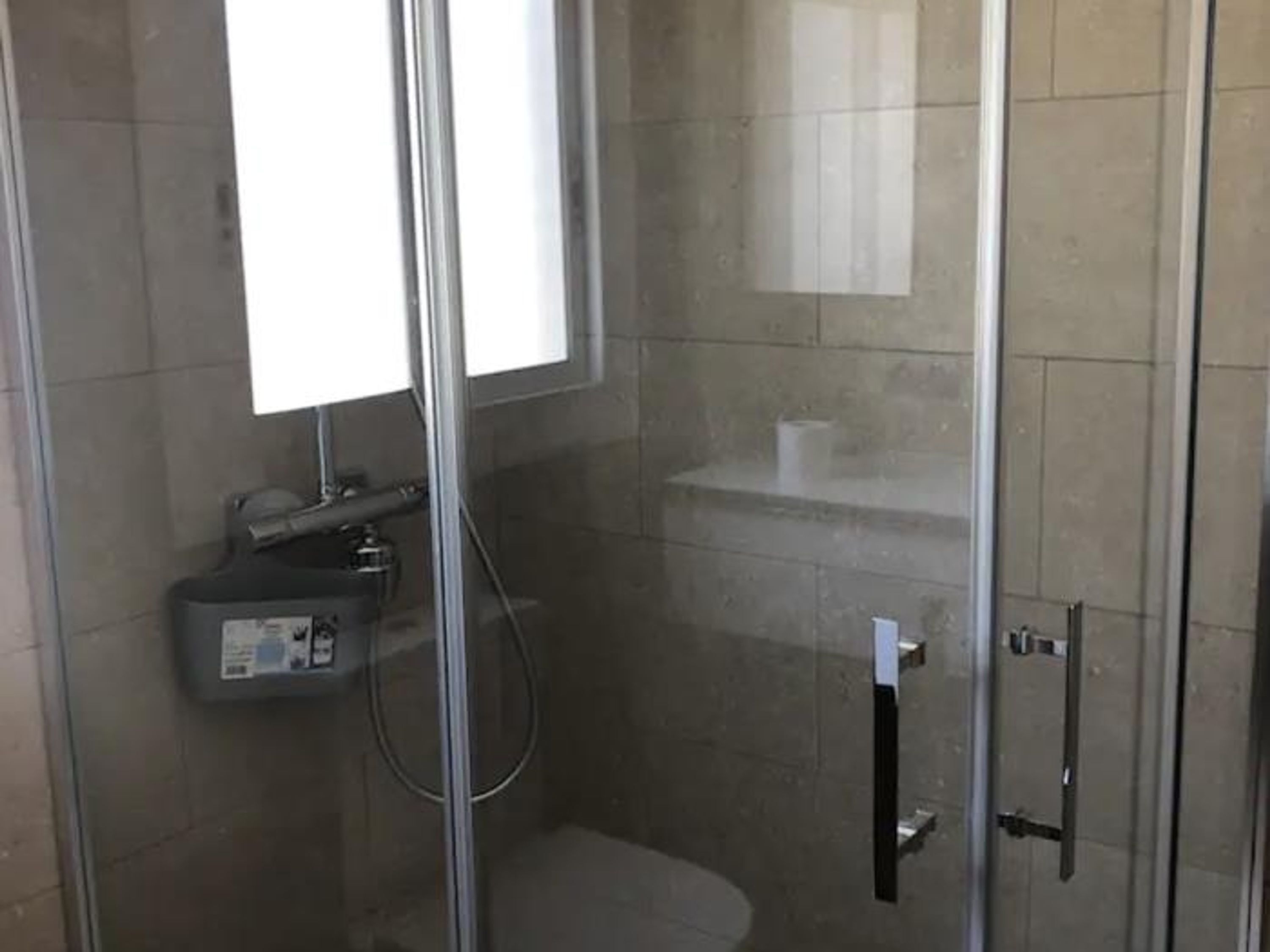 Zona de ducha con paredes de vidrio, un inodoro, un estante pequeño con artículos de aseo y un espejo.