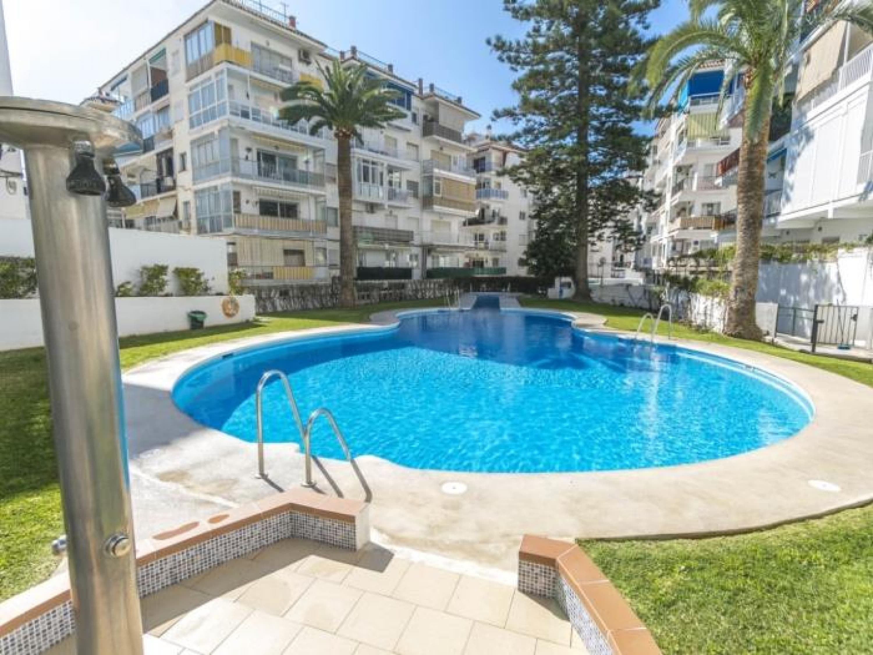 A swimming pool with a tiled deck, surrounded by a grassy area and palm trees, with multi-story buildings in the background.