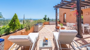 A terrace with wicker furniture, a view of the sea, and potted plants.