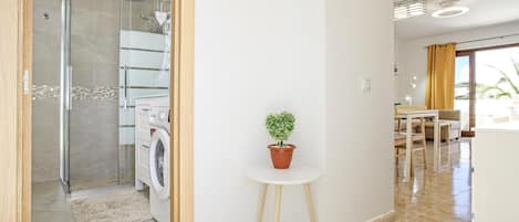 A modern bathroom with a glass shower enclosure, a washing machine, and a small table with a potted plant.