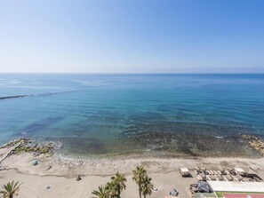 A beach with clear water, a sandy shore, and a few palm trees. - Front Line Beach in Marbella (Marbella)