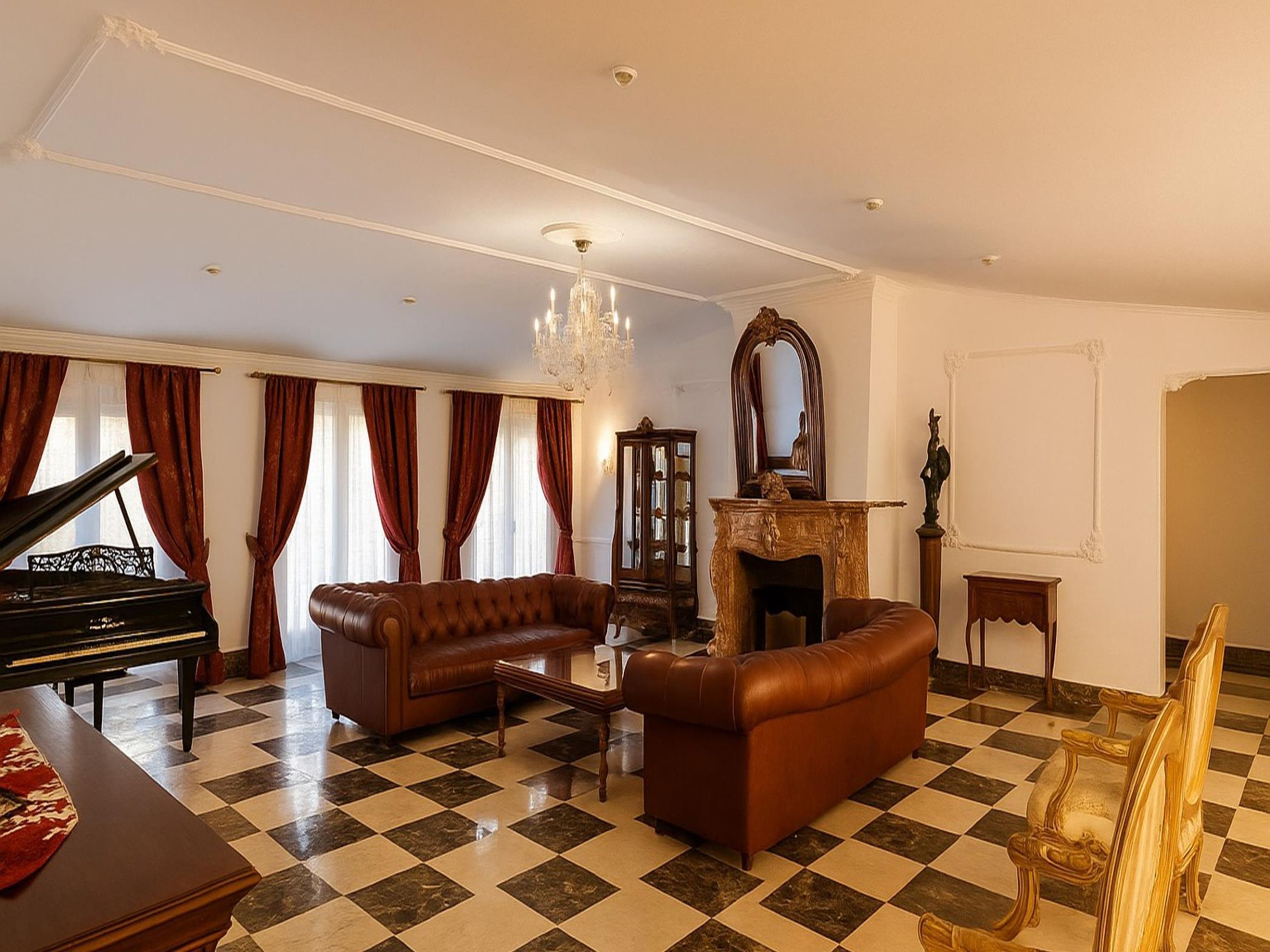 A living room with a grand piano, leather sofas, a chandelier, and a checkered floor.