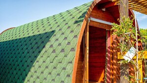 A modern, curved-roofed structure with a wooden exterior and a green, patterned roof. - Casa Stardust in El Palmar- Vejer de la Frontera (Vejer de la Frontera)