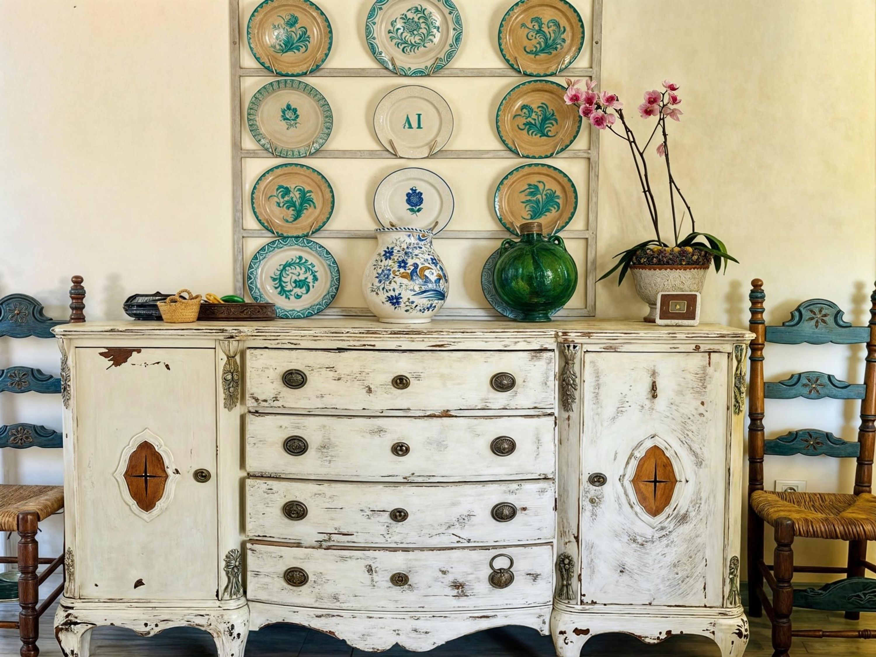 A white, distressed dresser with multiple drawers and decorative handles, topped with a collection of ceramic plates and a green vase with pink flowers.
